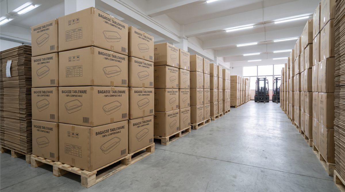 Corrugated carton boxes of bagasse tableware in warehouse