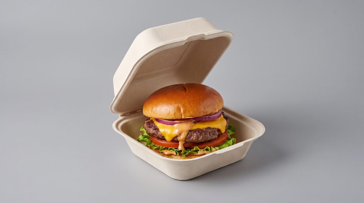 Bagasse clamshell container with burger meal