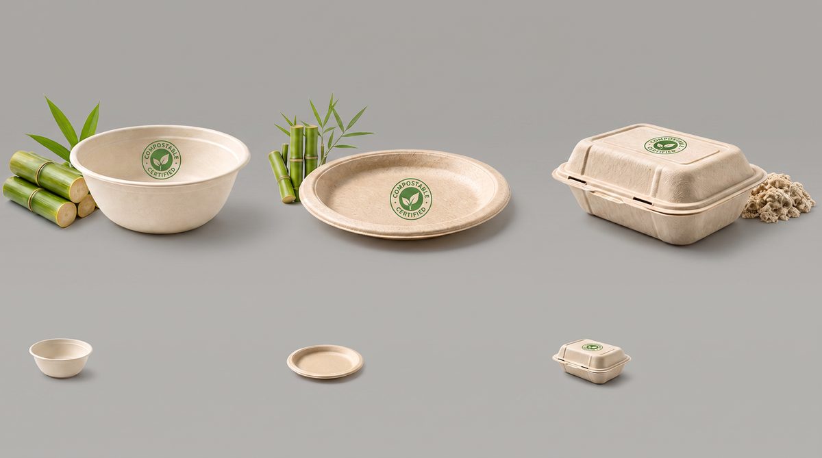 Compostable bagasse tableware with certification badge