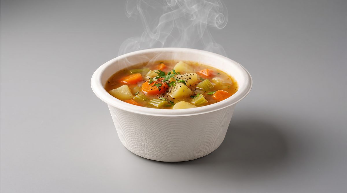 Bagasse bowl with hot soup, foodservice testing