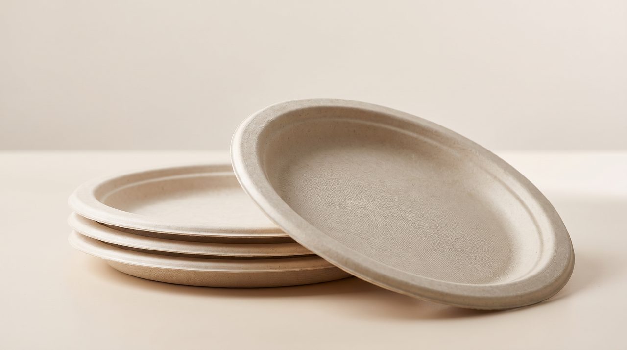 Stacked 9-inch bagasse pizza plates with tilted top plate