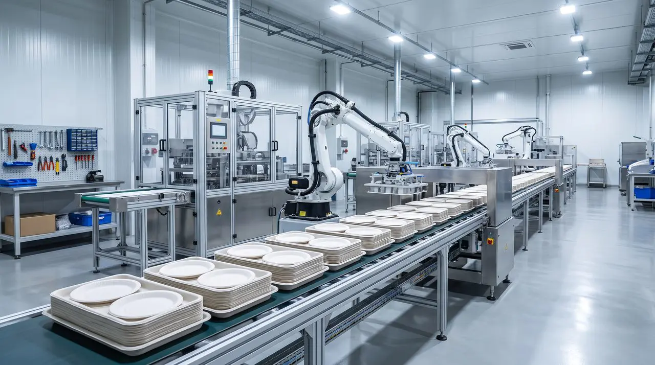 Molded fiber production line forming bagasse tableware