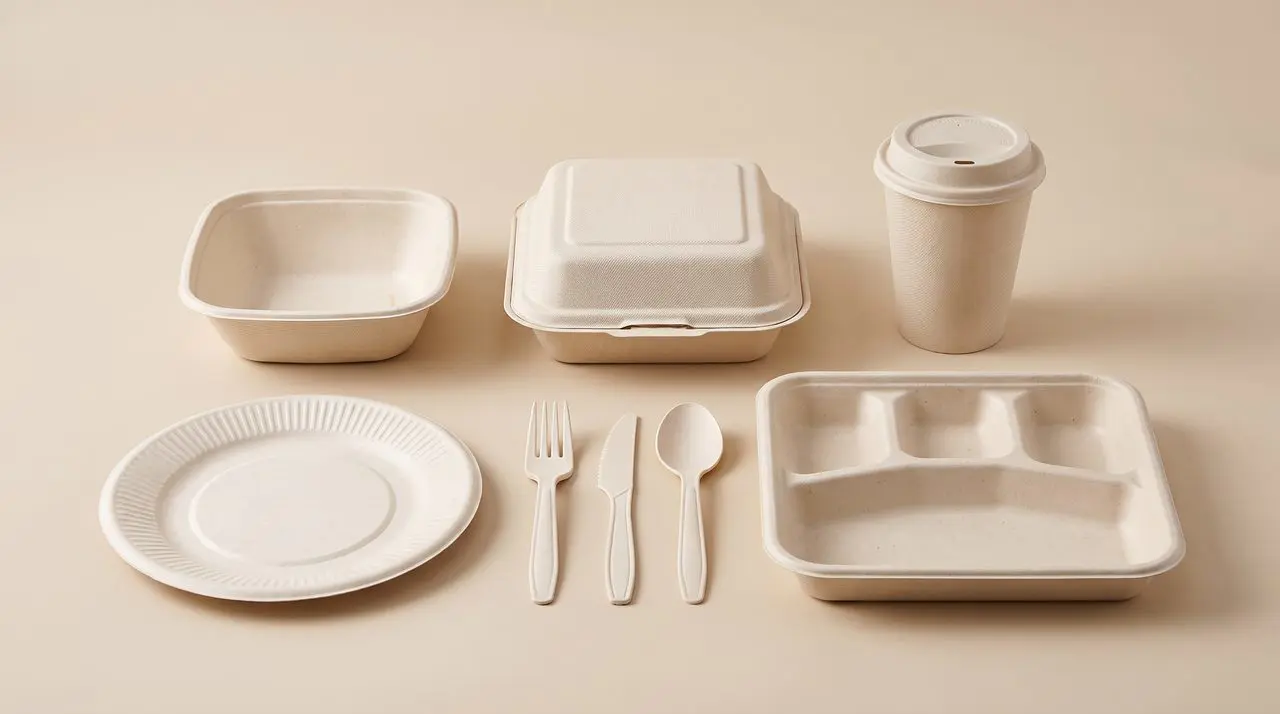 Range of bagasse tableware for distributor stocking - plates, bowls, clamshells, trays and cutlery