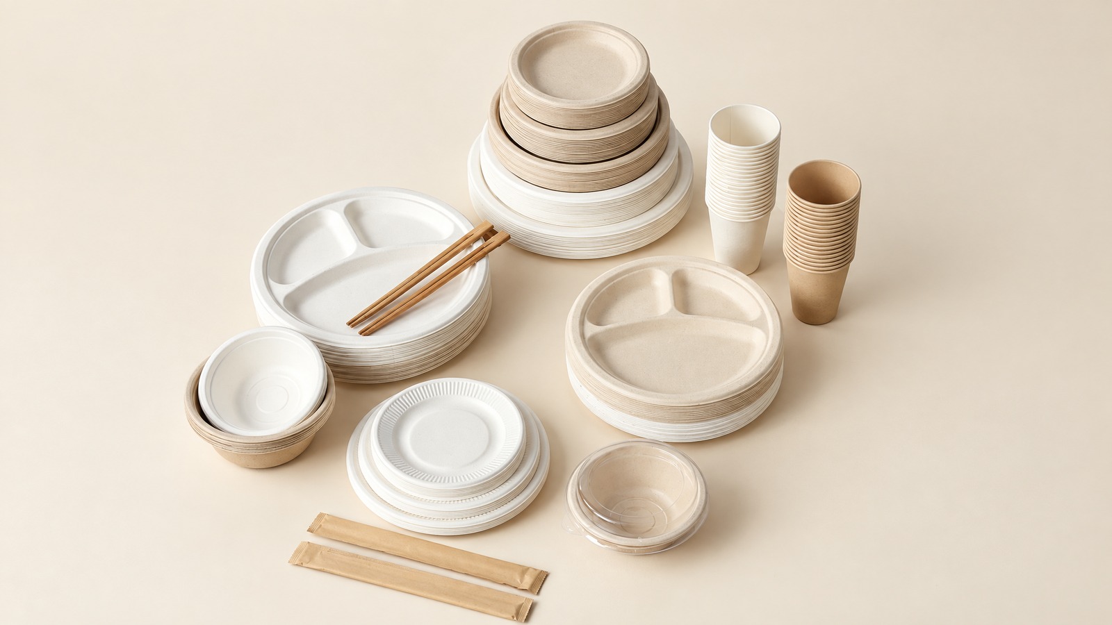 Bagasse and molded fiber tableware lineup: plates, cups, bowls and cutlery in natural and white pulp