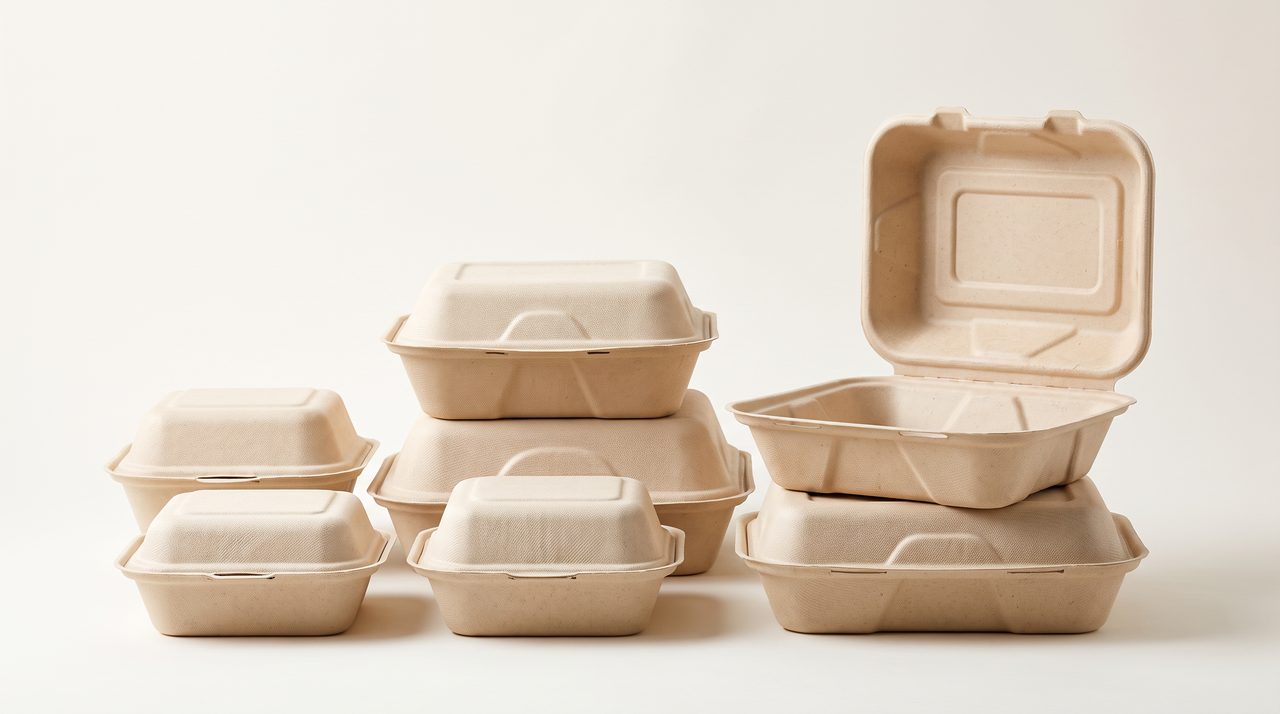Bagasse clamshell containers in multiple formats for burgers, rice meals and fried food