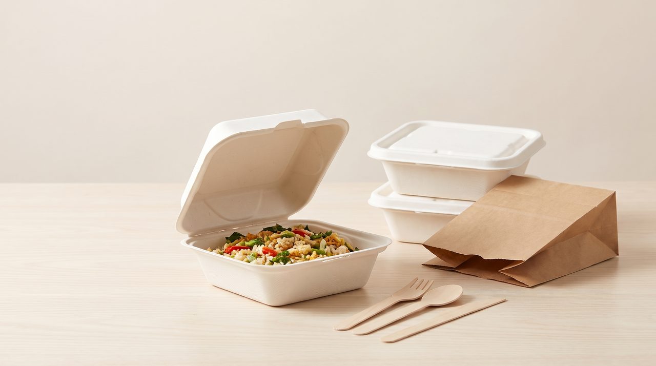 Bagasse hinged containers packed for takeaway and delivery programs