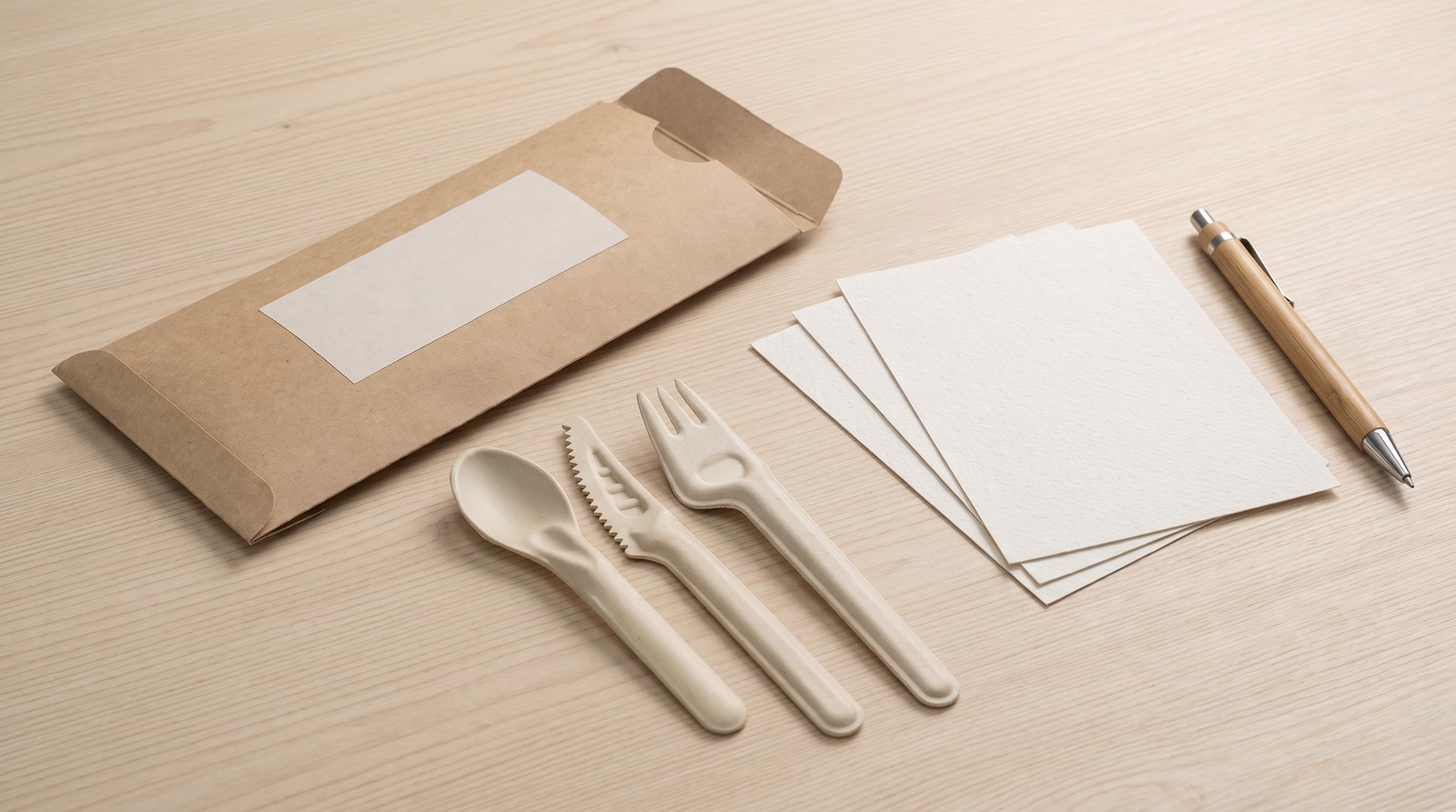 Cutlery packaging with a blank label and blank print proof for artwork approval