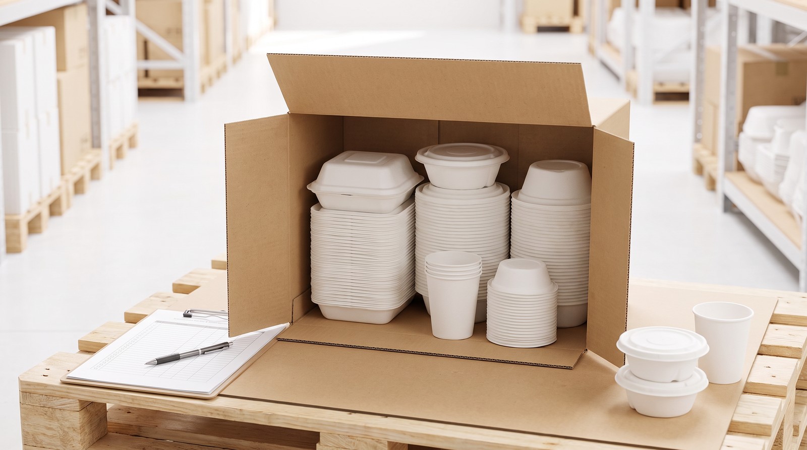 Opening a case in a warehouse to verify bagasse tableware on arrival