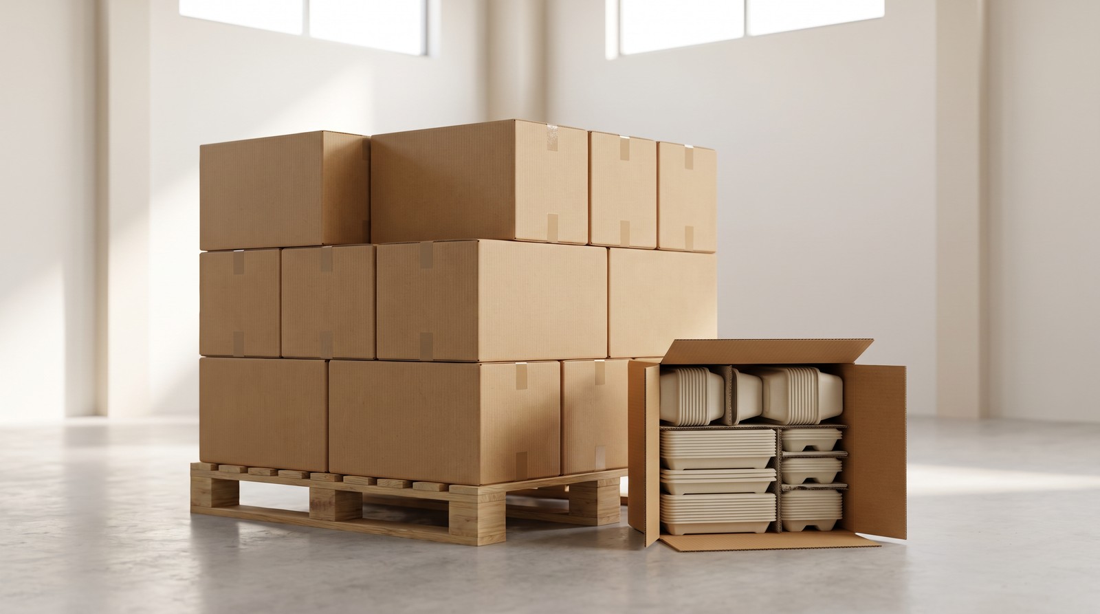 Export cartons of bagasse tableware on a pallet with an open case