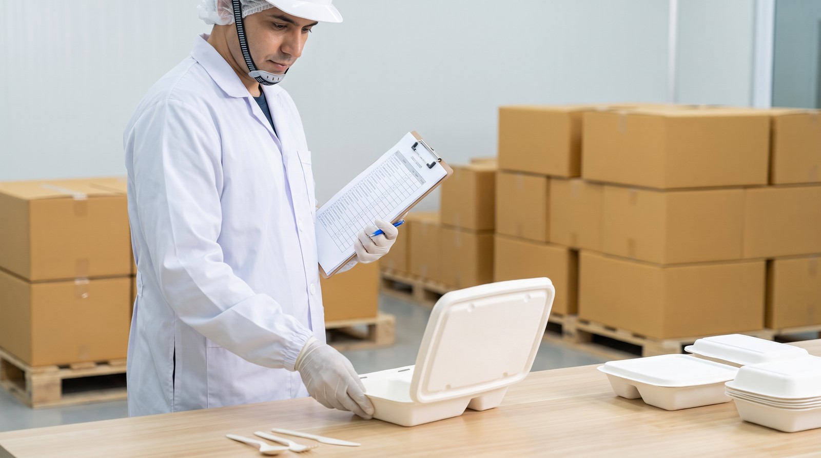 Quality inspector with a clipboard beside cartons before shipment