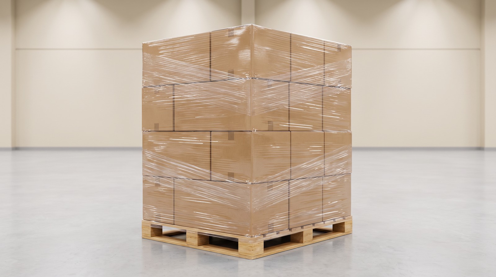 Wrapped pallet of cartons waiting for container loading in a warehouse