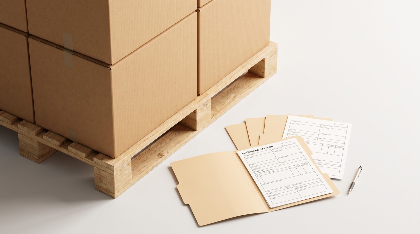 Export cartons and blank customs paperwork for entry document preparation