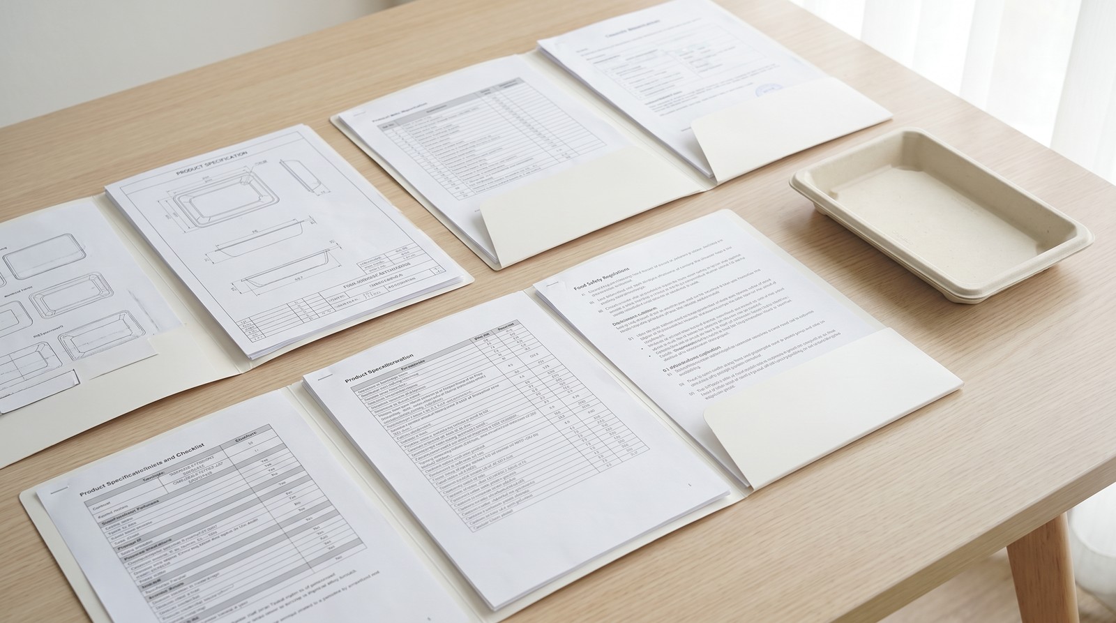 Product specification and compliance files with a bagasse container for food-contact review