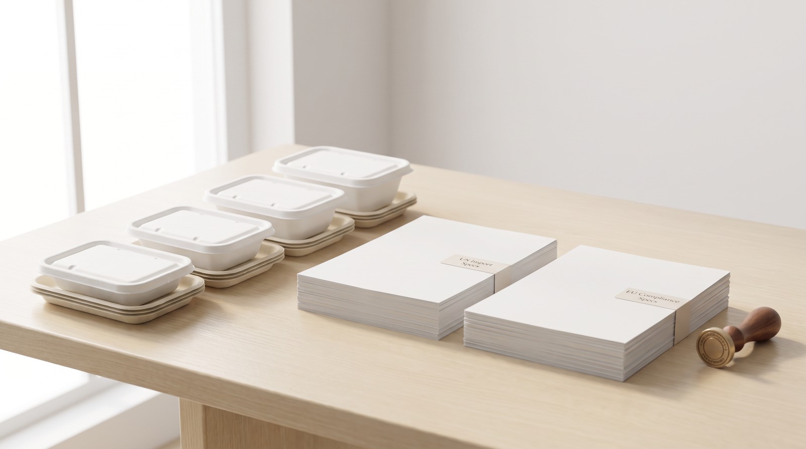 Bagasse tableware with two sets of blank specification files for US and EU import documentation