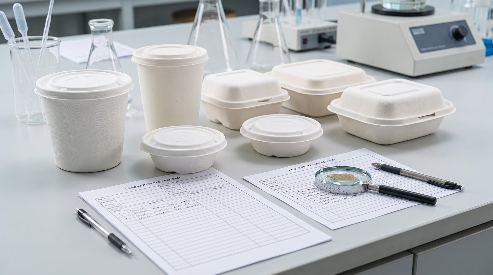 Bagasse samples with a blank test record and a magnifier for PFAS and material testing