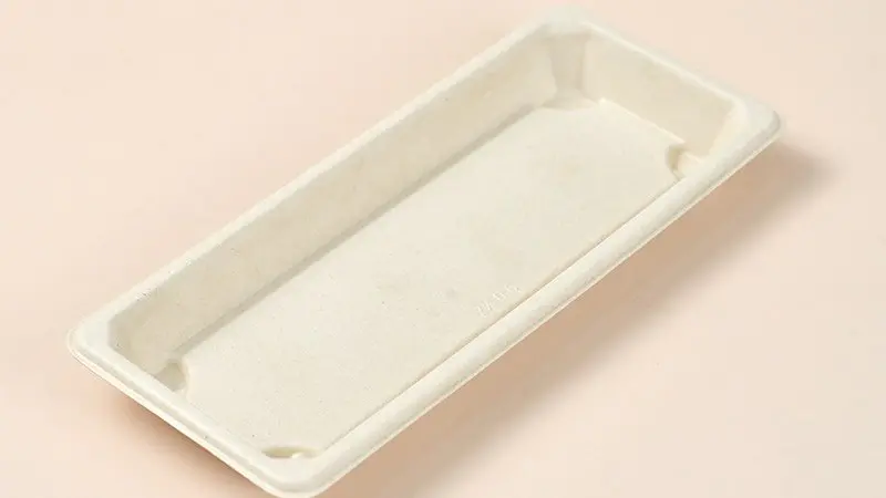 Molded fiber bagasse trays stacked with carton and container planning documents