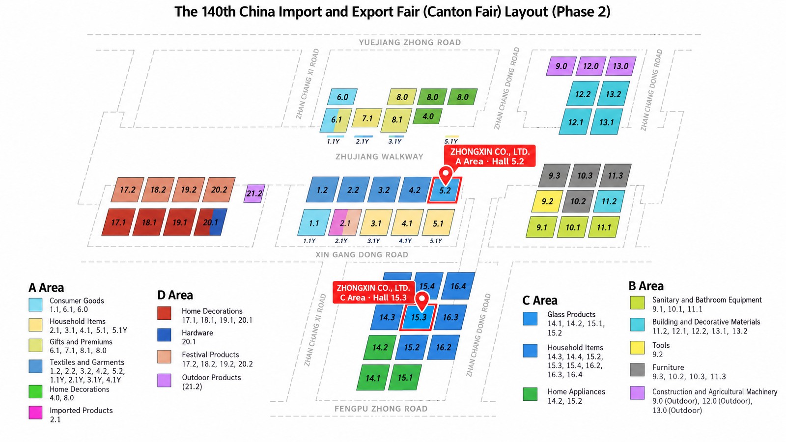 Canton Fair overall layout with Zhong Xin booths marked
